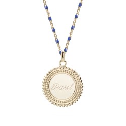 Collier médaille perlée chaine émaillée bleue  - Plaqué or