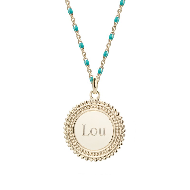 Collier médaille perlée chaine émaillée turquoise - Plaqué or Collier médaille perlée chaine émaillée turquoise - Plaqué or