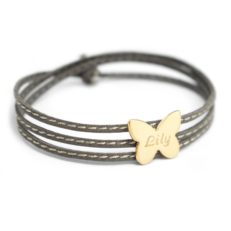 Bracelet cuir enfant personnalisé médaille papillon