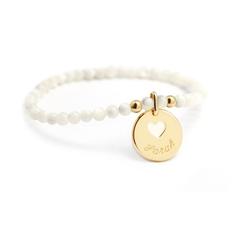 Bracelet perles 2mm et tubes médaille étoile scintillante et petit coeur  zircon Argent 925